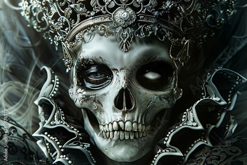 Medieval queen skull wearing ornate crown, macabre gothic art portrait, digital illustration