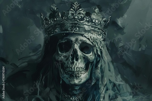 Medieval queen skull wearing ornate crown  macabre gothic art portrait  digital illustration
