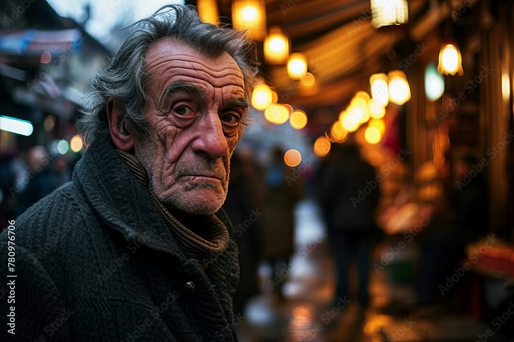 Portrait of an elderly man in the streets of Paris at night