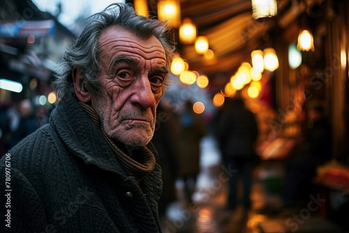 Portrait of an elderly man in the streets of Paris at night