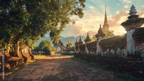 The famous tourist attraction has an old wall with an old Buddhist Church.AI generated image
