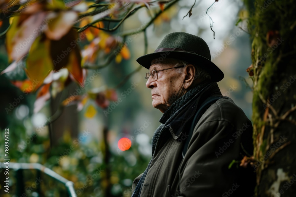 Elderly man in a hat walking in the autumn park.
