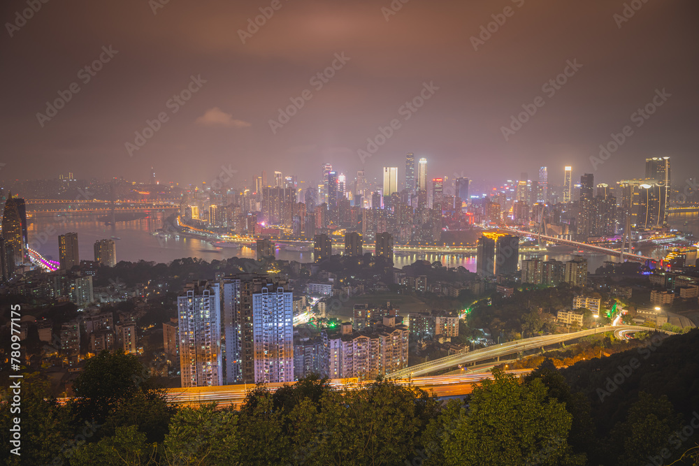 Obraz premium Panorama night view of Chongqing Nan An district. Background image