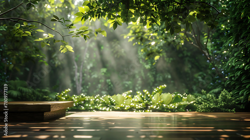 This serene and beautiful garden scene features sunlight filtering through the leaves of trees