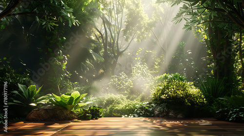 This serene and beautiful garden scene features sunlight filtering through the leaves of trees