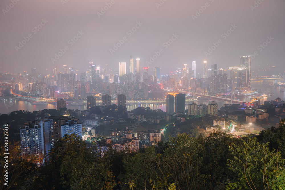 Night city architecture landscape and colorful lights in Chongqing
