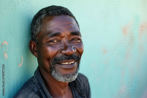 Portrait of an old African man smiling against a green wall.