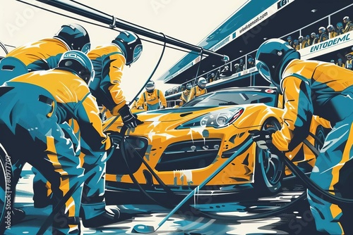 Professional pit crew in action during thrilling race car pitstop, ultimate teamwork and speed concept illustration