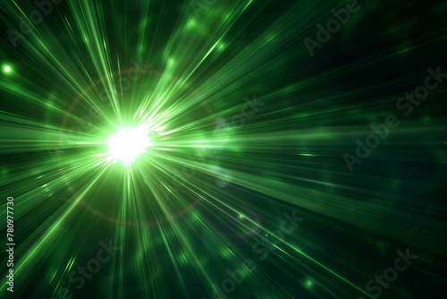 Explosive green celestial sunburst with glowing lens flare and adjusted light rays on black, abstract background illustration photo