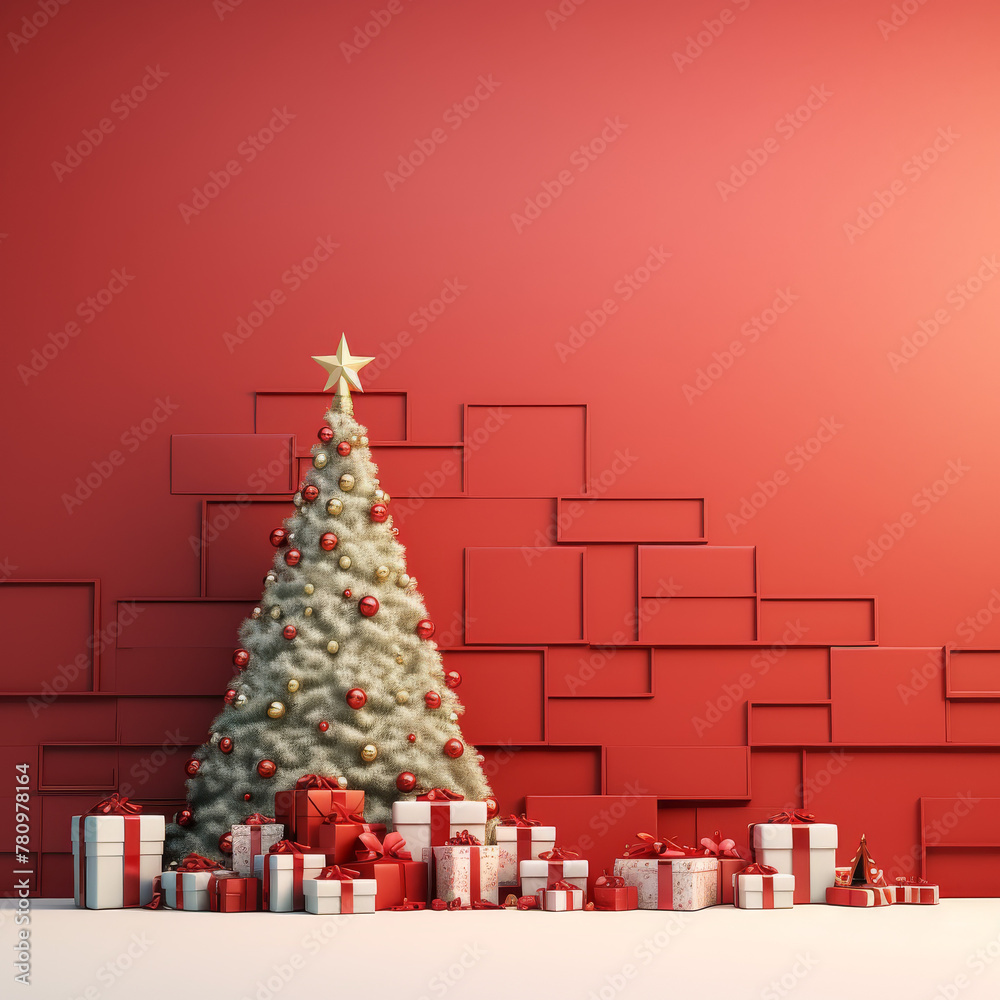 Fototapeta premium Christmas Tree and Gifts Against Red Backdrop