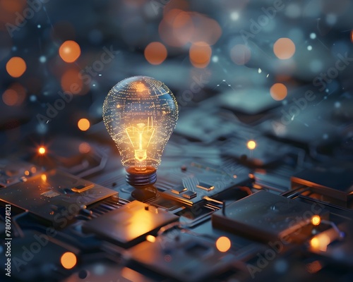 Glowing Light Bulb on Circuit Board Symbolizing Innovative Concept and Product Development