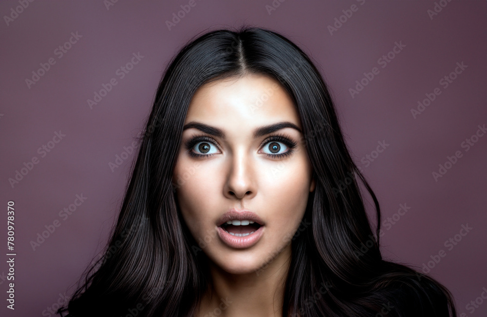 A beautiful woman with long black hair and blue eyes is looking ...