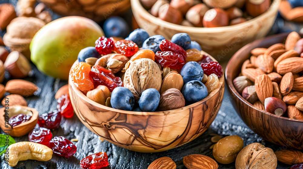 Close-up of Nuts and Fruit in Wooden Bowls Close-up of Nuts and Fruit in Wooden Bowls