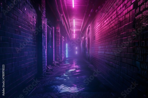 Dark empty alleyway at night, neon lights illuminating the way, mysterious urban scene, digital art