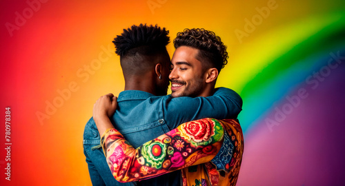 Two men are hugging each other in front of a rainbow background.