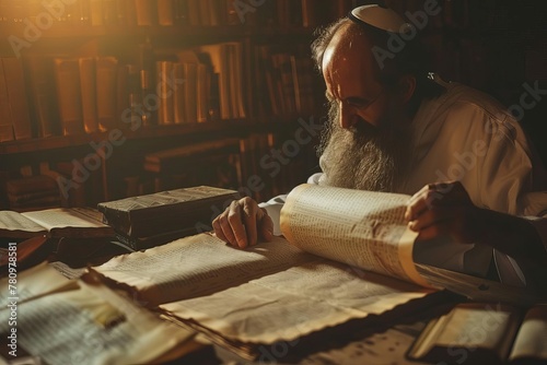 Religious scholar studying ancient Hebrew manuscript on parchment, spiritual knowledge concept