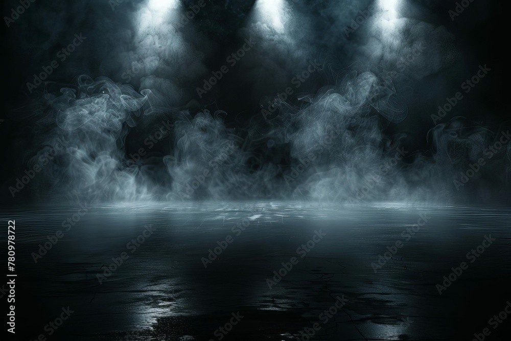 Dark stage with dramatic lighting, smoke, and spotlights, abstract background for product display