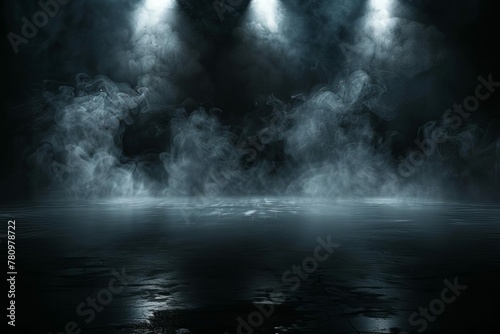 Dark stage with dramatic lighting, smoke, and spotlights, abstract background for product display photo