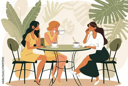 Female friends enjoying coffee and conversation at cafe, lifestyle and friendship concept illustration