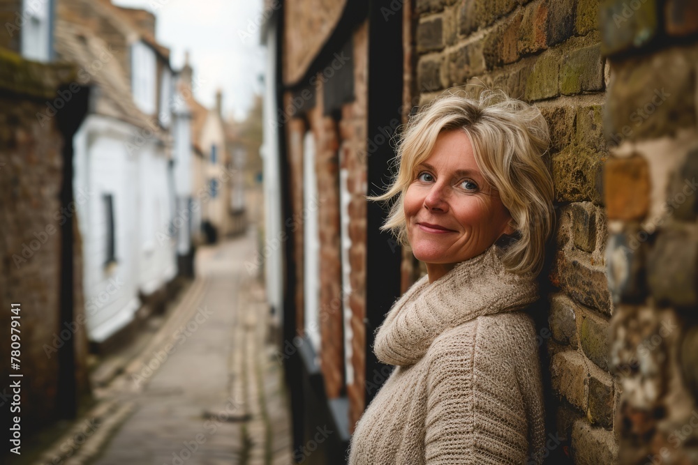 Portrait of a middle-aged woman with short blond hair in a woolen sweater looking at the camera in a narrow street in the old town of Whitby.