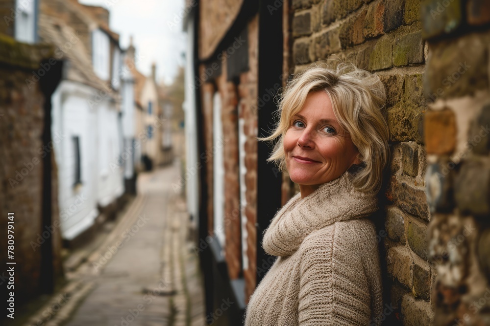 Portrait of a middle-aged woman with short blond hair in a woolen sweater looking at the camera in a narrow street in the old town of Whitby. Portrait of a middle-aged woman with short blond hair in a woolen sweater looking at the camera in a narrow street in the old town of Whitby.
