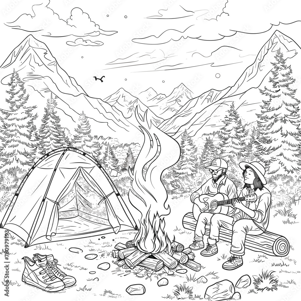 A Couple Sitting On Logen At Campfire Sing , Coloring Pages Vector
