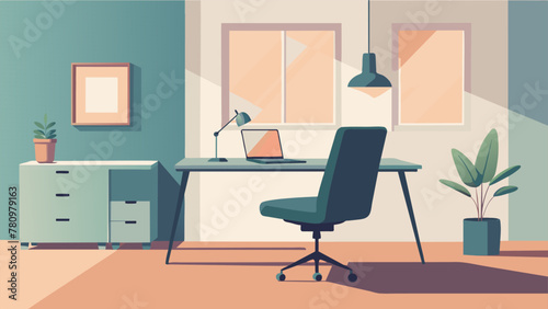 In the corner of the room a sp desk stands against the wall accompanied only by a basic ergonomic chair and a laptop. The lack of clutter