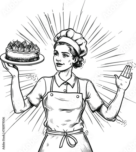 A Female Chef Holding Up An Exquisite Cake , Coloring Pages Vector