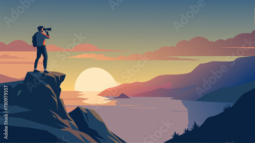 A silhouette of a figure with a camera slung around their neck standing atop a rocky cliff searching for the perfect vantage point to capture
