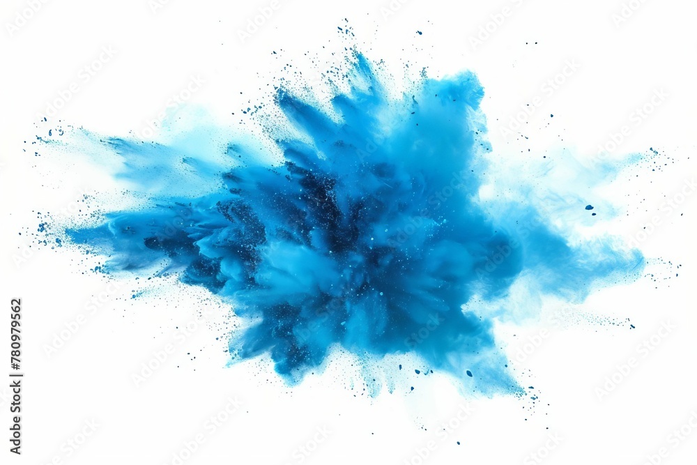 Bright cyan blue Holi powder paint explosion burst for industrial print design, isolated on white