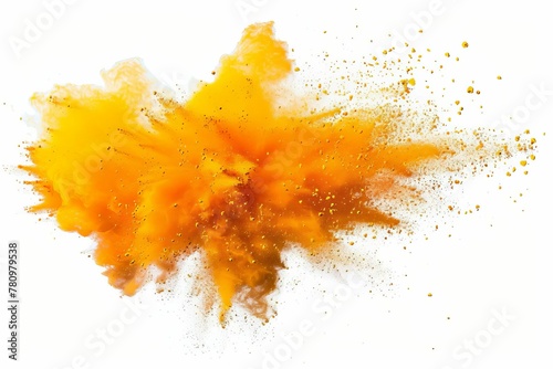 Bright yellow and orange Holi powder paint explosion burst for industrial print design, isolated on white