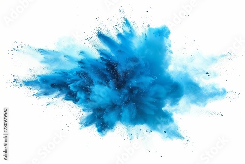 Bright cyan blue Holi powder paint explosion burst for industrial print design, isolated on white photo