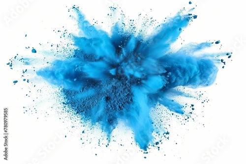 Bright cyan blue Holi powder paint explosion burst for industrial print design, isolated on white