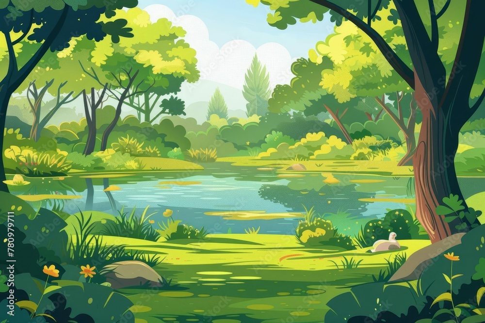 Serene summer forest landscape with small lake, green grass, trees and bushes, cartoon vector illustration