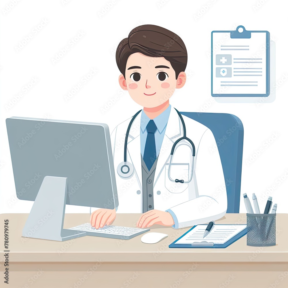 Medical doctor at the computer desk illustration flat 2d Medical doctor at the computer desk illustration flat 2d