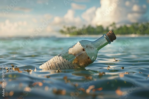 Mysterious message in a bottle floating in the sea near uninhabited island, pirate treasure map concept