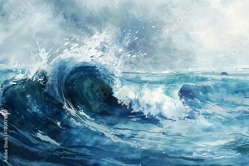Powerful ocean wave crashing in the water on a stormy  windy day  fluid motion abstract illustration