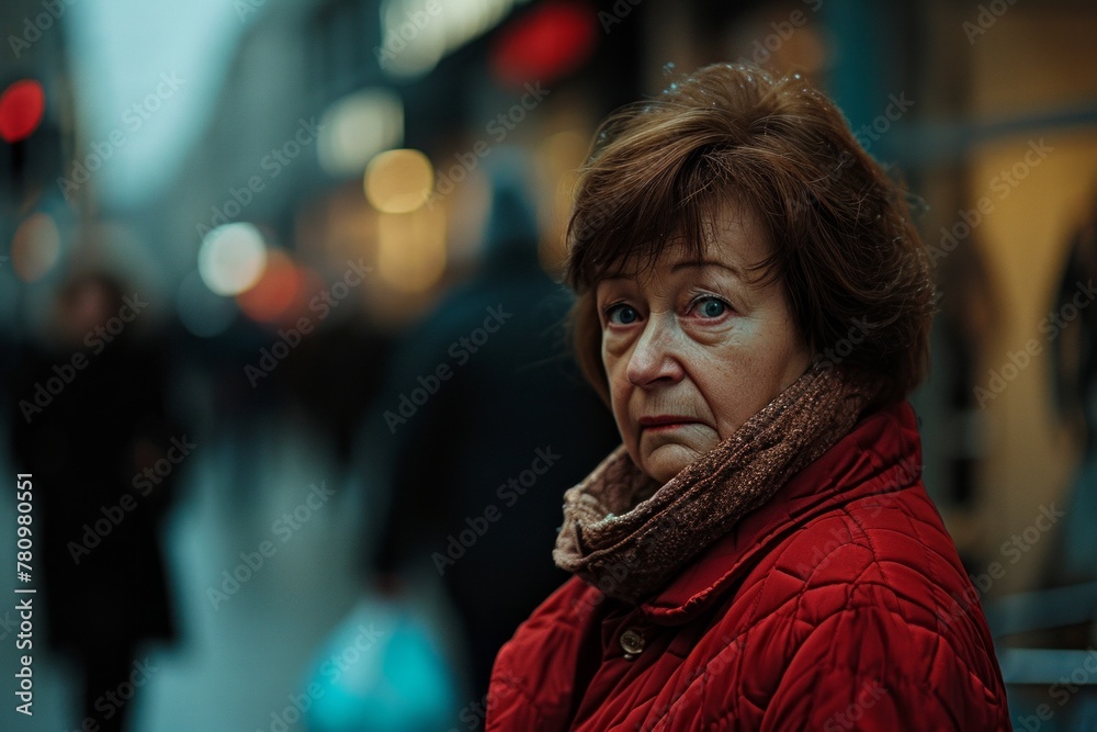 Portrait of an elderly woman in a red jacket on a city street. Portrait of an elderly woman in a red jacket on a city street.
