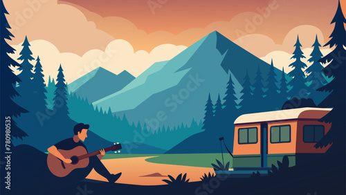 In the midst of a lush forest a camper sits atop a wooden cabin serenading the wilderness with their acoustic guitar as the sun sets behind the