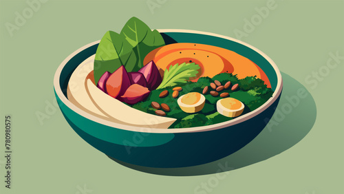 A symphony of colors and textures the vibrant vegan bowl showcases a rainbow of roasted root vegetables crisp kale and creamy avocado. Finished