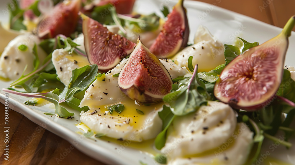 Gourmet burrata and fig salad garnished with nuts and greens