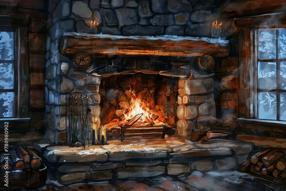 Cozy Stone Fireplace with Blazing Fire in Rustic Log Cabin, Digital Painting