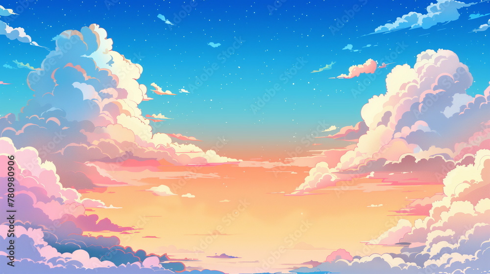 Digital painting of a dawn sky, with soft pastel clouds and the gentle first light of day spreading across the horizon.