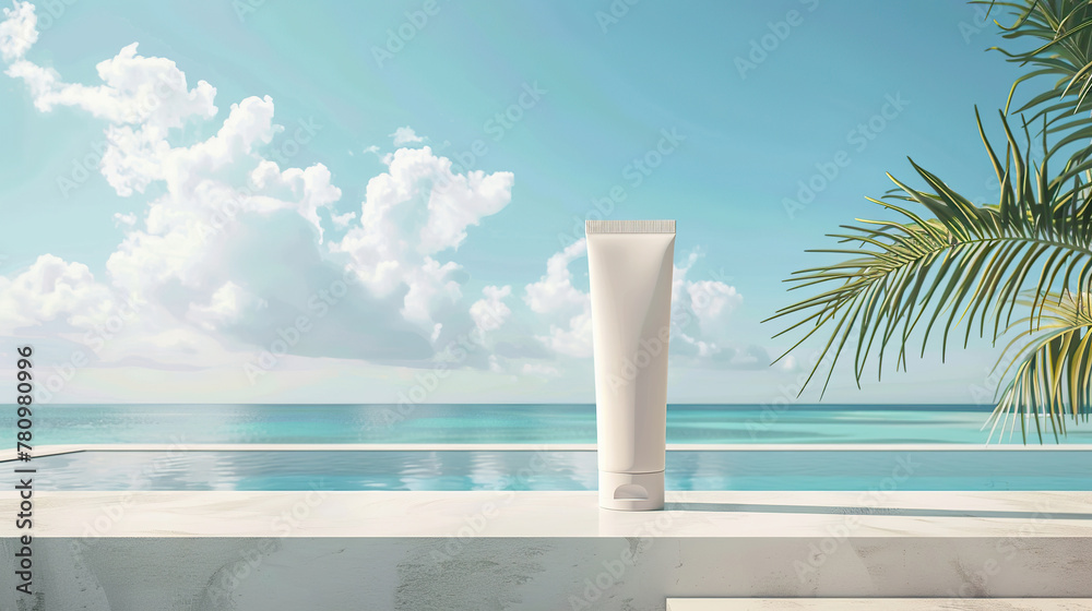 Fototapeta premium White cosmetic tube mock up with ocean view in a serene setting