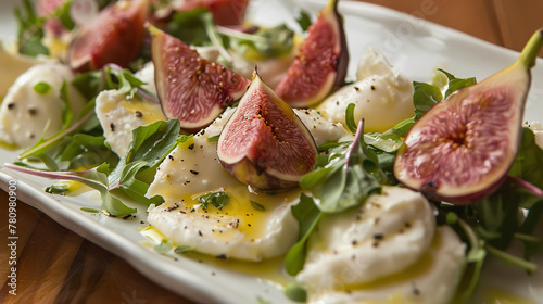 Gourmet burrata and fig salad garnished with nuts and greens