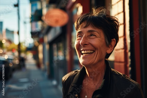 Portrait of a happy senior woman smiling in the street in a sunny day