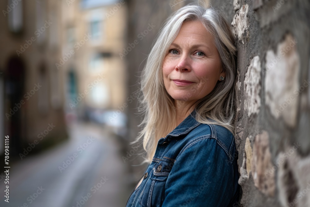 Portrait of beautiful mature woman with blond hair in blue jeans jacket Portrait of beautiful mature woman with blond hair in blue jeans jacket