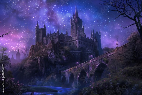 Majestic Fantasy Castle on Hill with Bridge and River Under Starry Night Sky, Concept Art