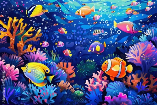 Whimsical Underwater Scene with Fantastical Fish and Coral Reef, Children's Illustration © Lucija