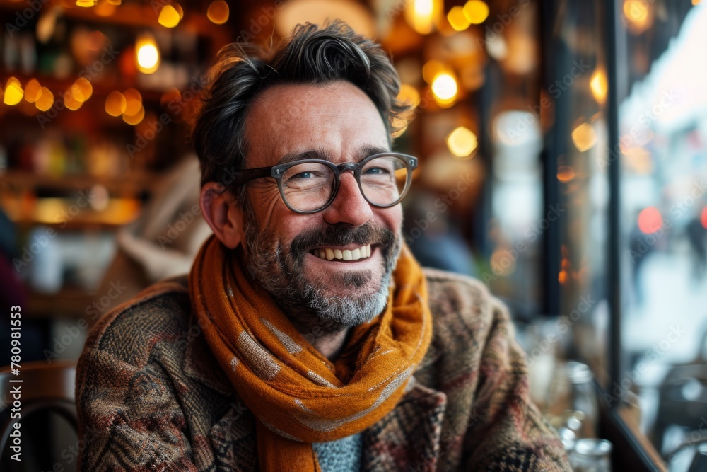 Portrait of a handsome middle-aged man with glasses and scarf in a cafe